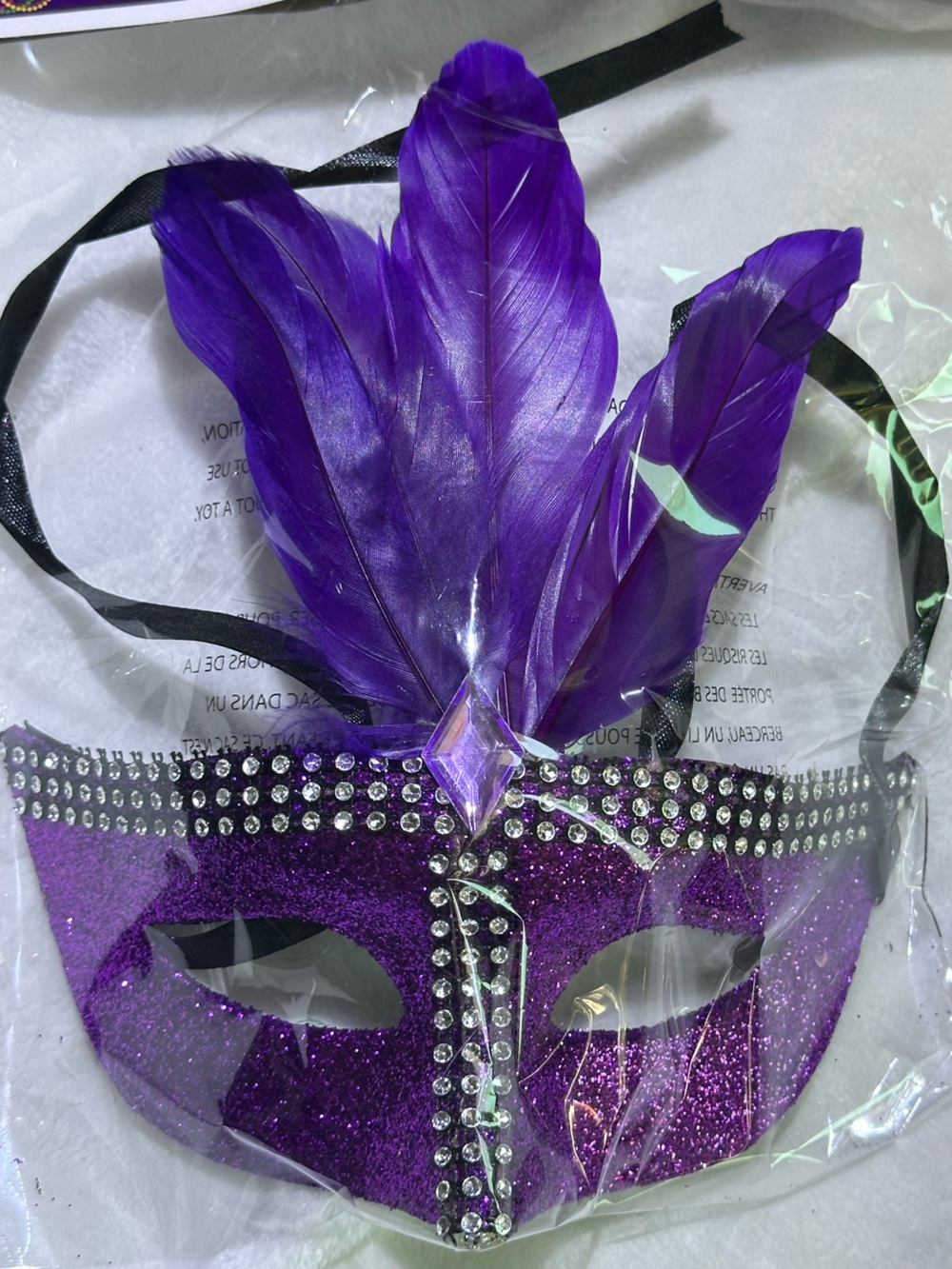 🎭 Purple Glitter Masquerade Mask with Feathers Rhinestones Mardi Gras Costume 🎭